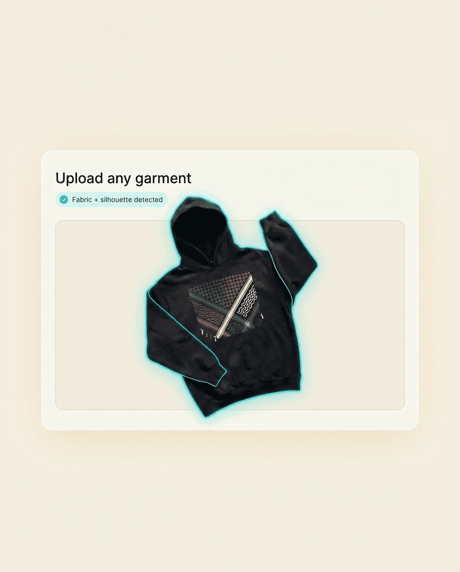 Drop it in. We auto-detect fabric, colors, and silhouette.