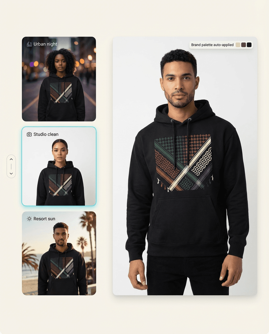 Choose the model, scene, and ratio in one click.